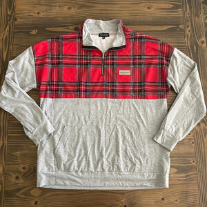 Womens Simply Southern Red Plaid Gray 1/4 Zip Thin Sweatshirt XXL Sequin Antlers